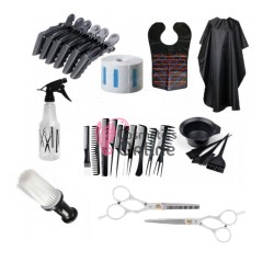 Set ustensile si accesorii frizerie, coafor, cu pamatuf, pelerina, pulverizator, șorț, piepteni, rola frizerie, model KT011